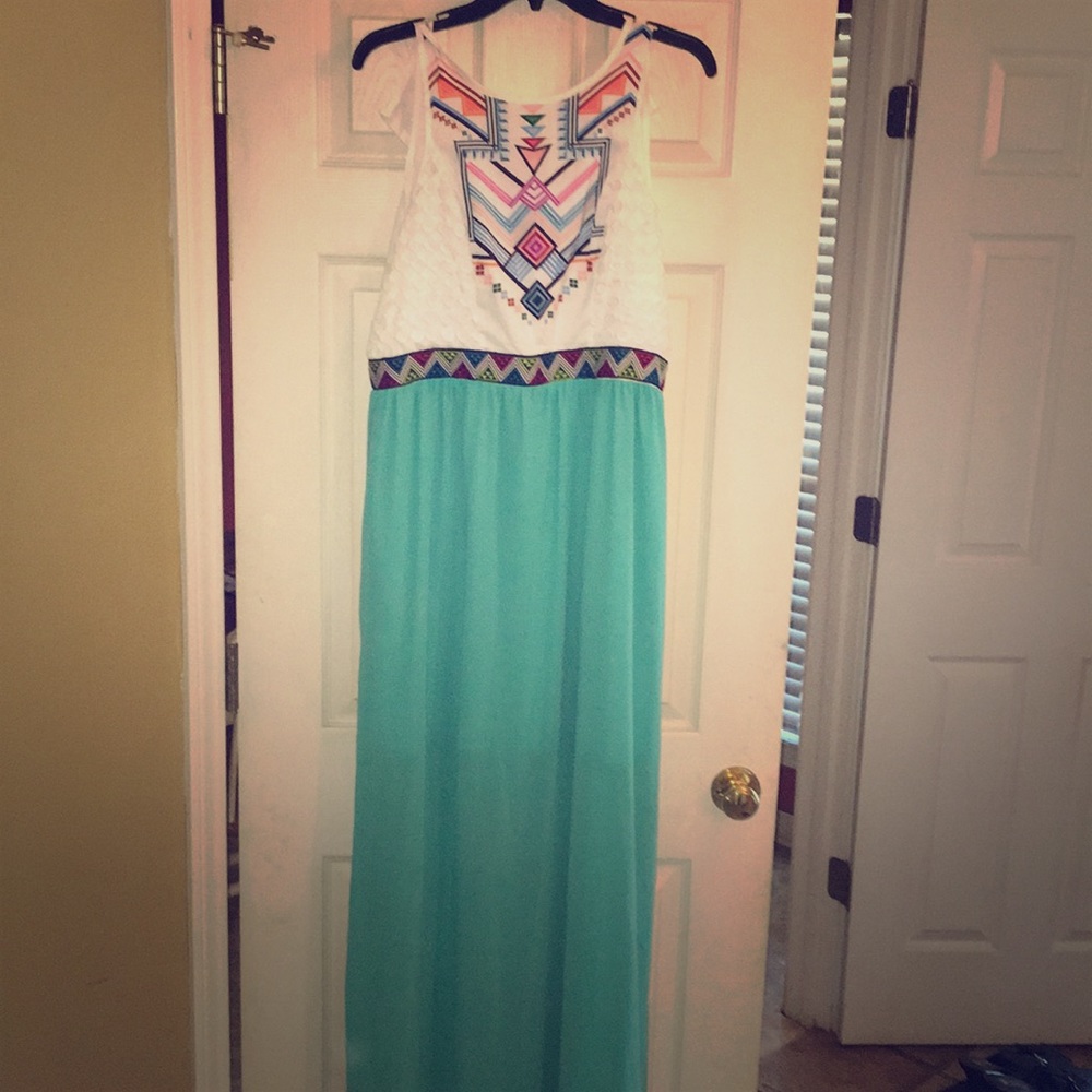 Turquoise, Long Maxi Dress with Aztec Print